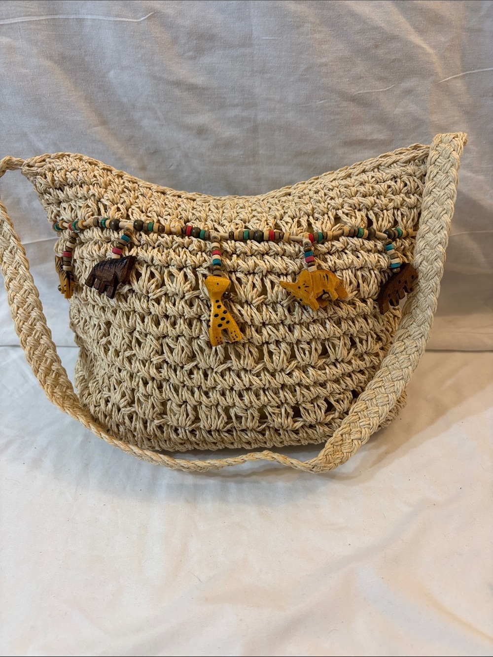 Straw Shoulder Bag with Animal Bead Trim safari Boho whimsical teacher